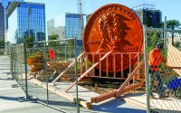 A GIANT PENNY is installed at Lincoln Park in Long Beach Monday, Feb. 7, 2022. As mayor of Long Beach, Robert Garcia helped bring the 11-foot monument to Downtown. Now, in Congress, he’s pushing the U.S. to stop minting the coins. 