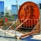 A GIANT PENNY is installed at Lincoln Park in Long Beach Monday, Feb. 7, 2022. As mayor of Long Beach, Robert Garcia helped bring the 11-foot monument to Downtown. Now, in Congress, he’s pushing the U.S. to stop minting the coins. 