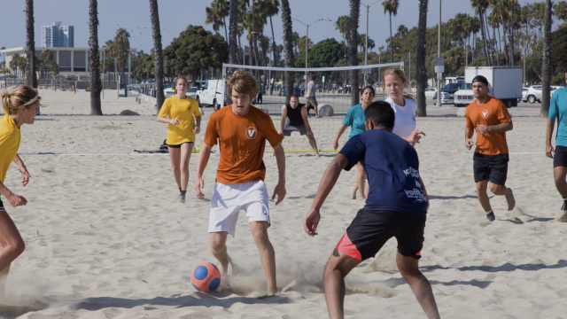 Volitude Sports hosts the largest Adult Coed Sand Soccer League in the country. Games are played Sunday mornings at Granada Ave. and Ocean Blvd. in Belmont Shore. 